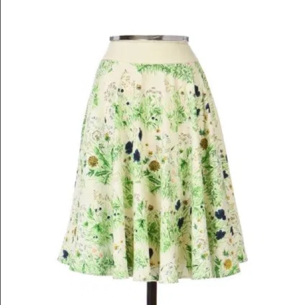 Anthropologie Cream Floral Circle Skirt with Green & Navy Accents